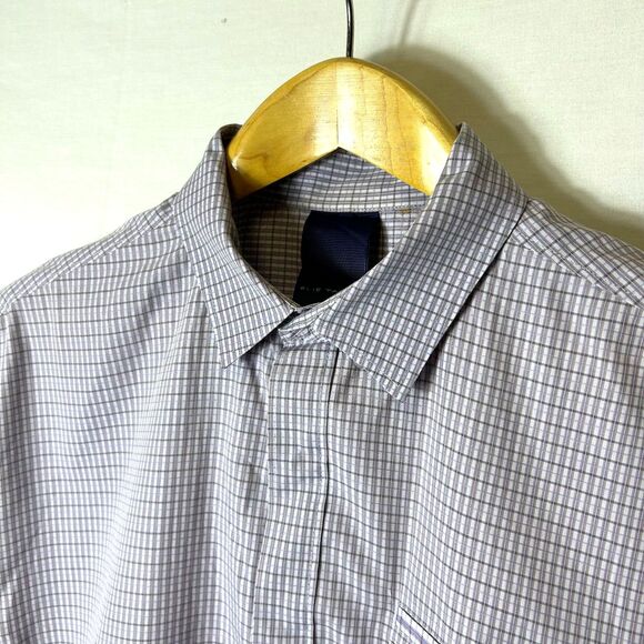 Elie Tahari White Lilac Gray Blue Check Cotton Hidden Button LS Dress Shirt XL - Picture 1 of 14